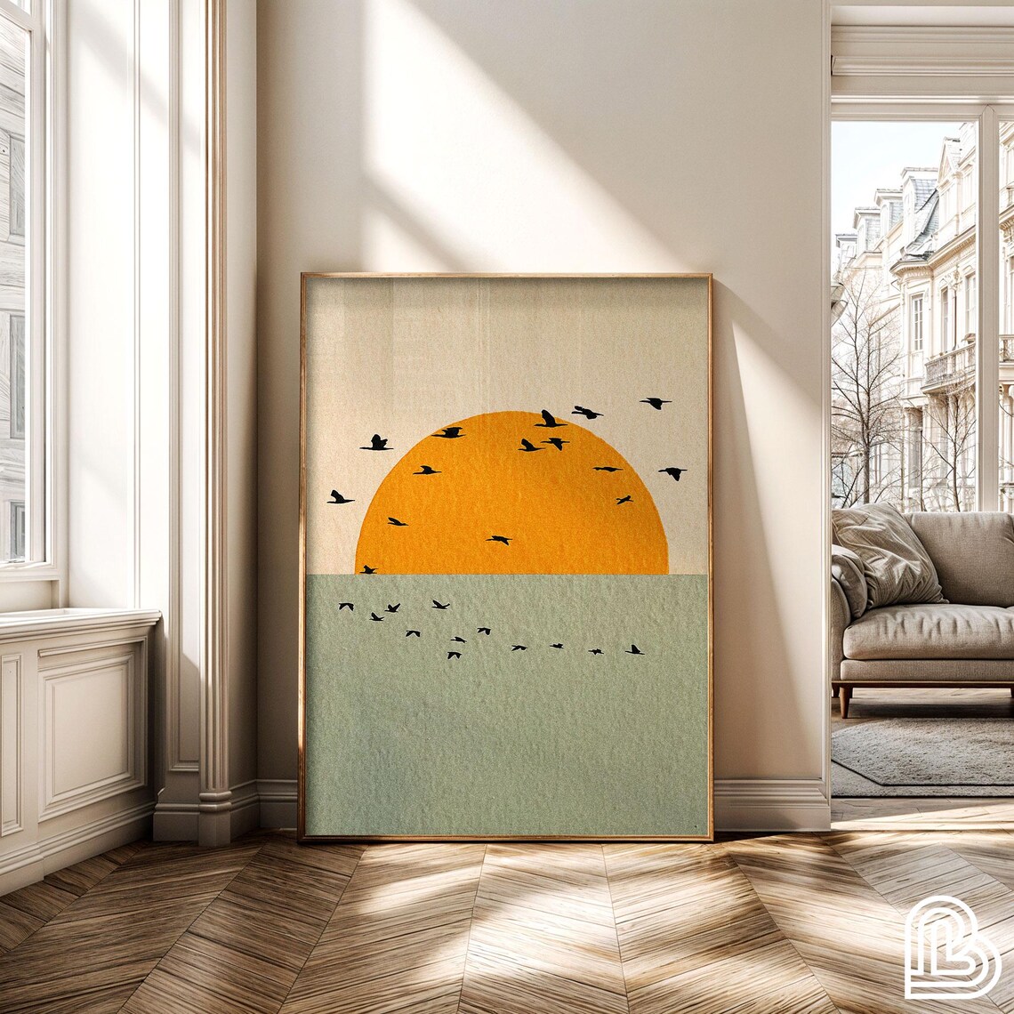 Rising Sun Flock of Birds, Japandi Wabi-Sabi Art Print
