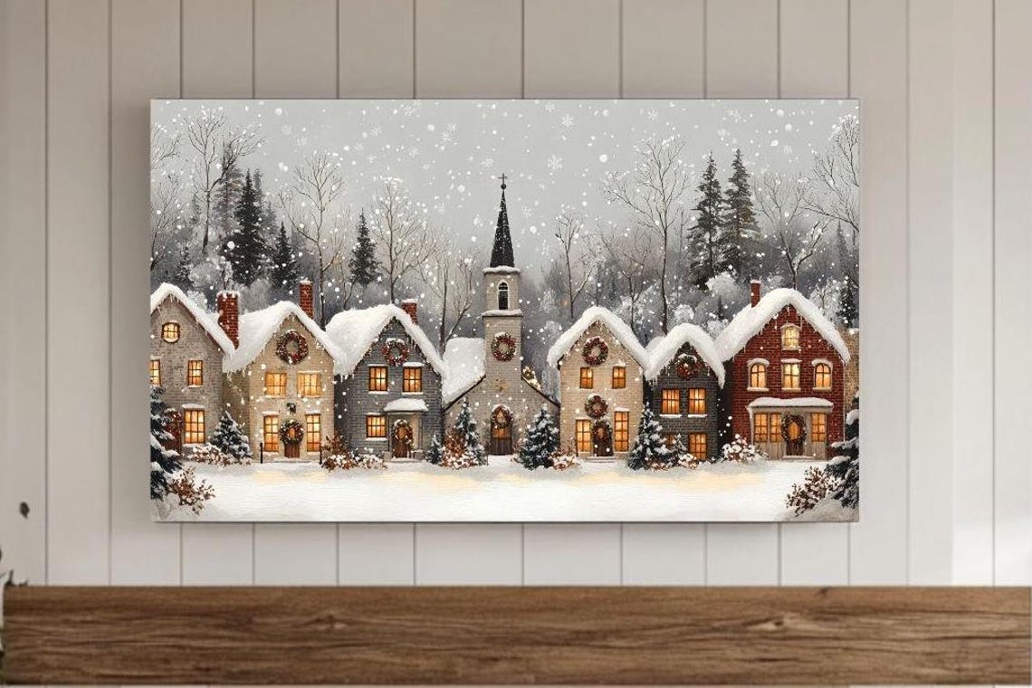 Snowy Village Street With Church And Glowing Windows Winter Poster