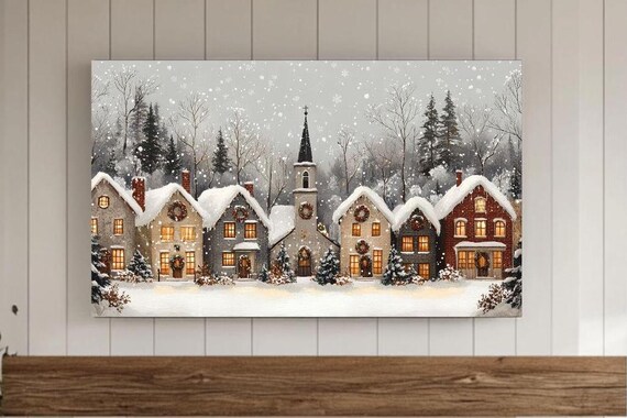 Snowy Village Street With Church And Glowing Windows Winter Poster
