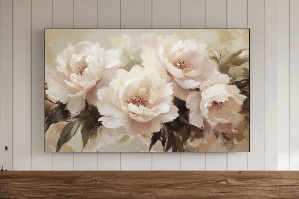 Cream Peony Blossoms Soft Vintage Botanical Art Painting Poster
