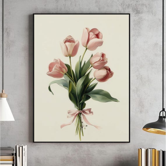 Coquette Tulips Bouquet Room Wall Art Pink Girly Poster Y2k Cute Decor Instant Blush Bow Painting