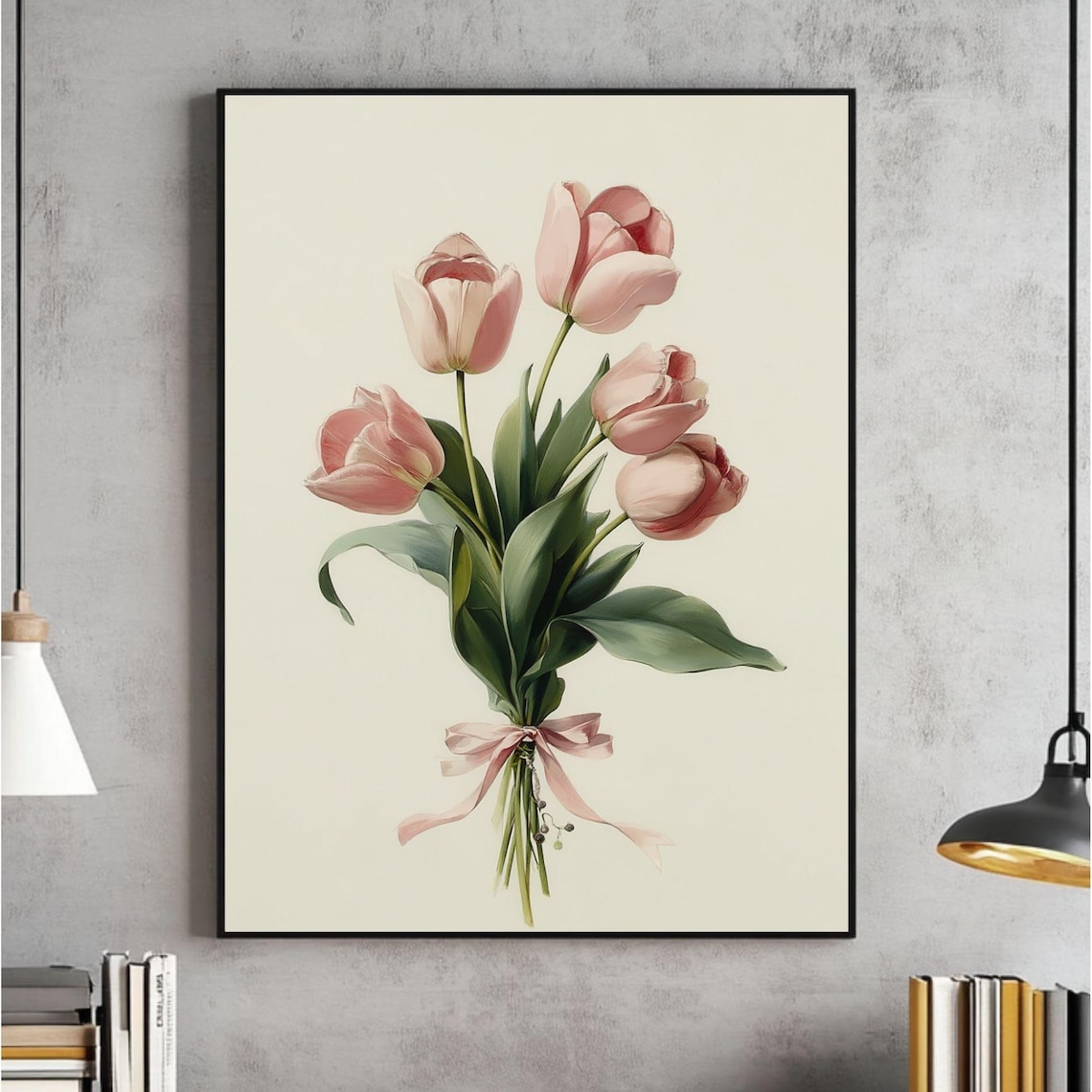 Blush Pink Tulip Bouquet with Ribbon Vintage Botanical Poster
