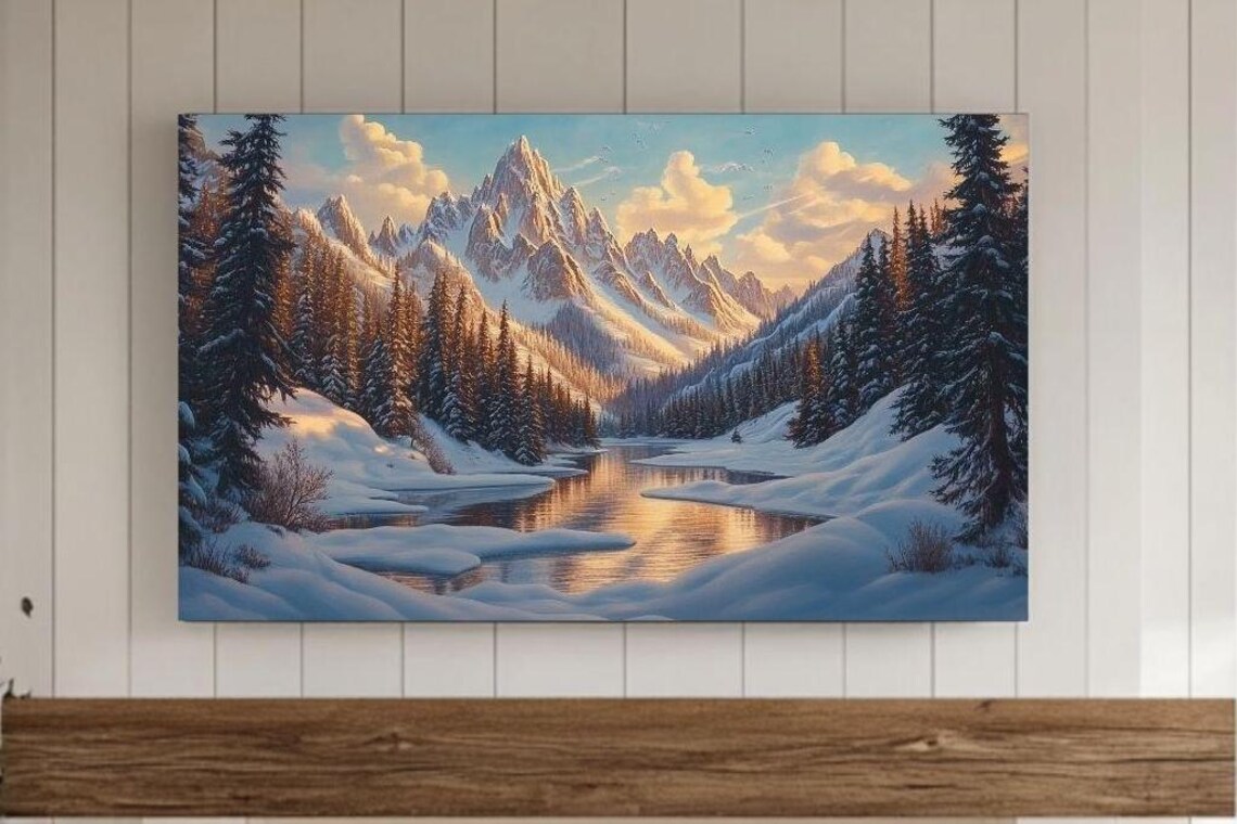 Winter Mountain Valley Snowy River Sunrise Landscape Art Poster