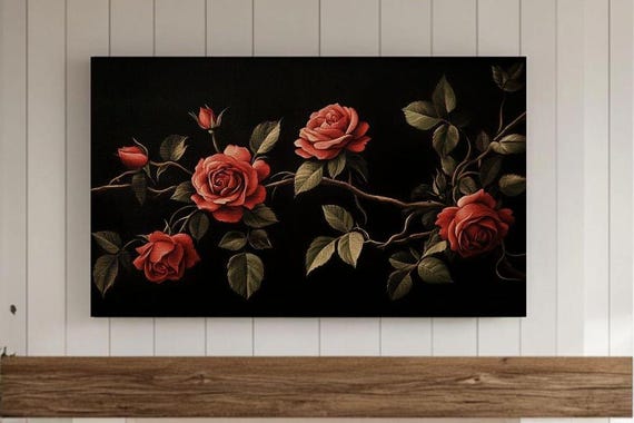 Red Roses Valentines Day Frame Tv Art Vintage Floral Oil Painting Botanical Flowers Dark Moody Decor
