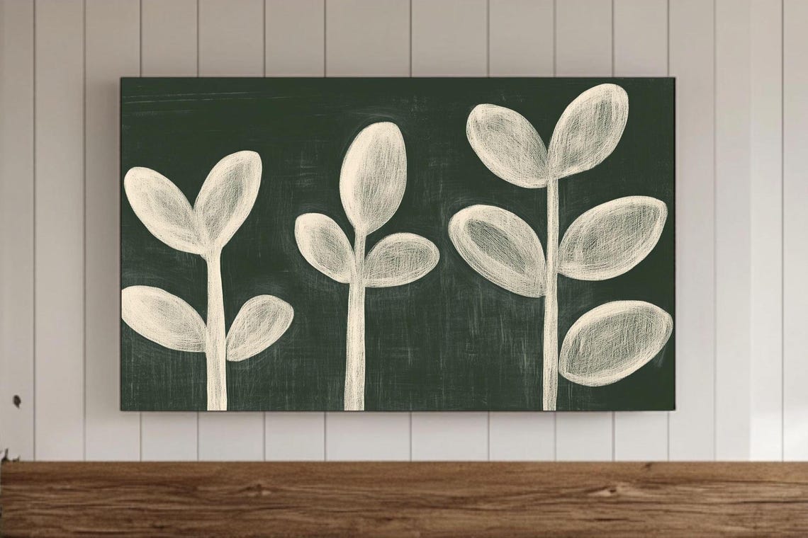 Minimalist Three White Botanical Sprigs on Dark Green Poster