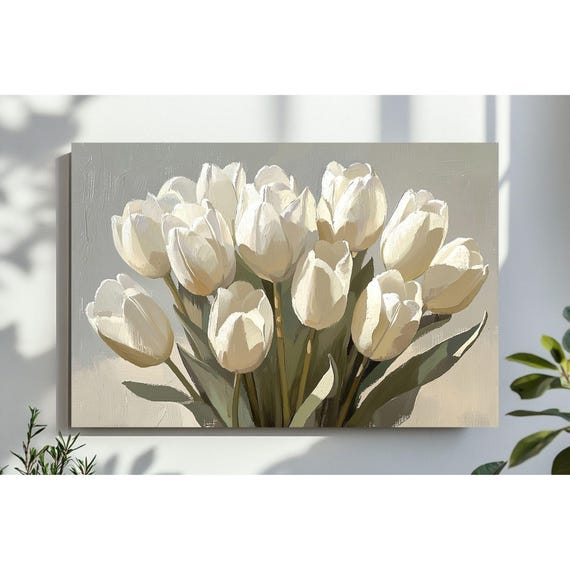 White Tulips Oil Painting Wall Art Nursery Flowers Kitchen Poster Vintage Floral Print Flower