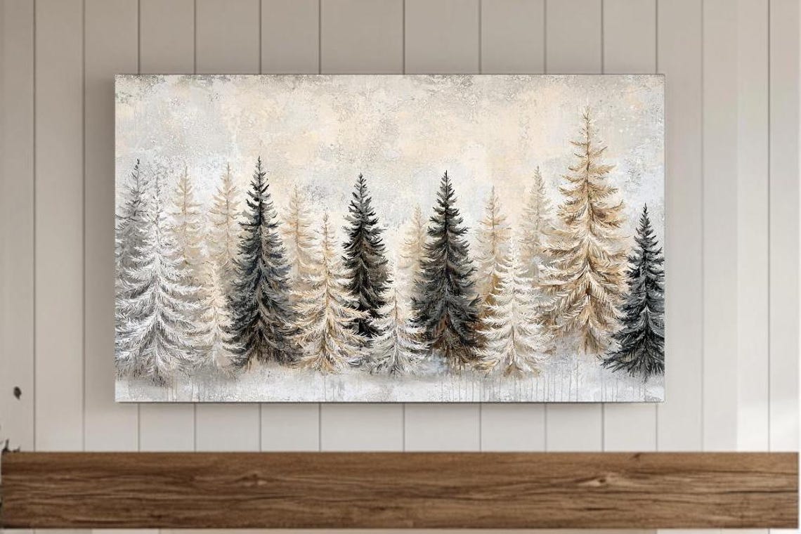 Textured Winter Pine Trees Painting In Neutral Tones Seasonal Poster
