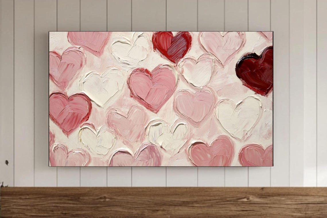 Blush Pink White Hearts Textured Impasto Valentine Love Wall Art