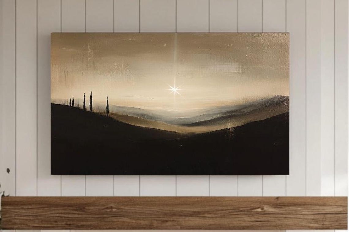 Moody Bethlehem Star Night Hills Cypress Trees Painting Poster