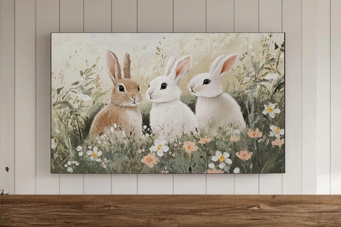Three Cute Bunnies in Daisy Meadow Spring Rabbit Painting Poster