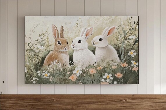 Three Cute Bunnies in Daisy Meadow Spring Rabbit Painting Poster