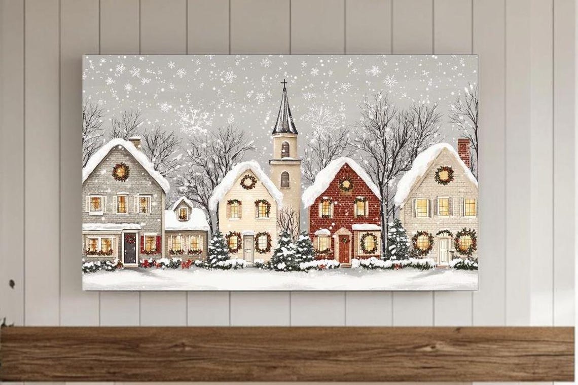 Snowy Village Church And Wreath Decorated Houses Winter Scene Poster