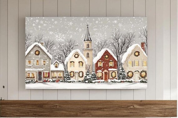 Snowy Village Church And Wreath Decorated Houses Winter Scene Poster
