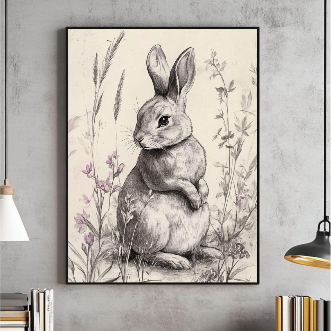 Classic Pencil Sketch Rabbit Sitting in Wildflower Field Poster