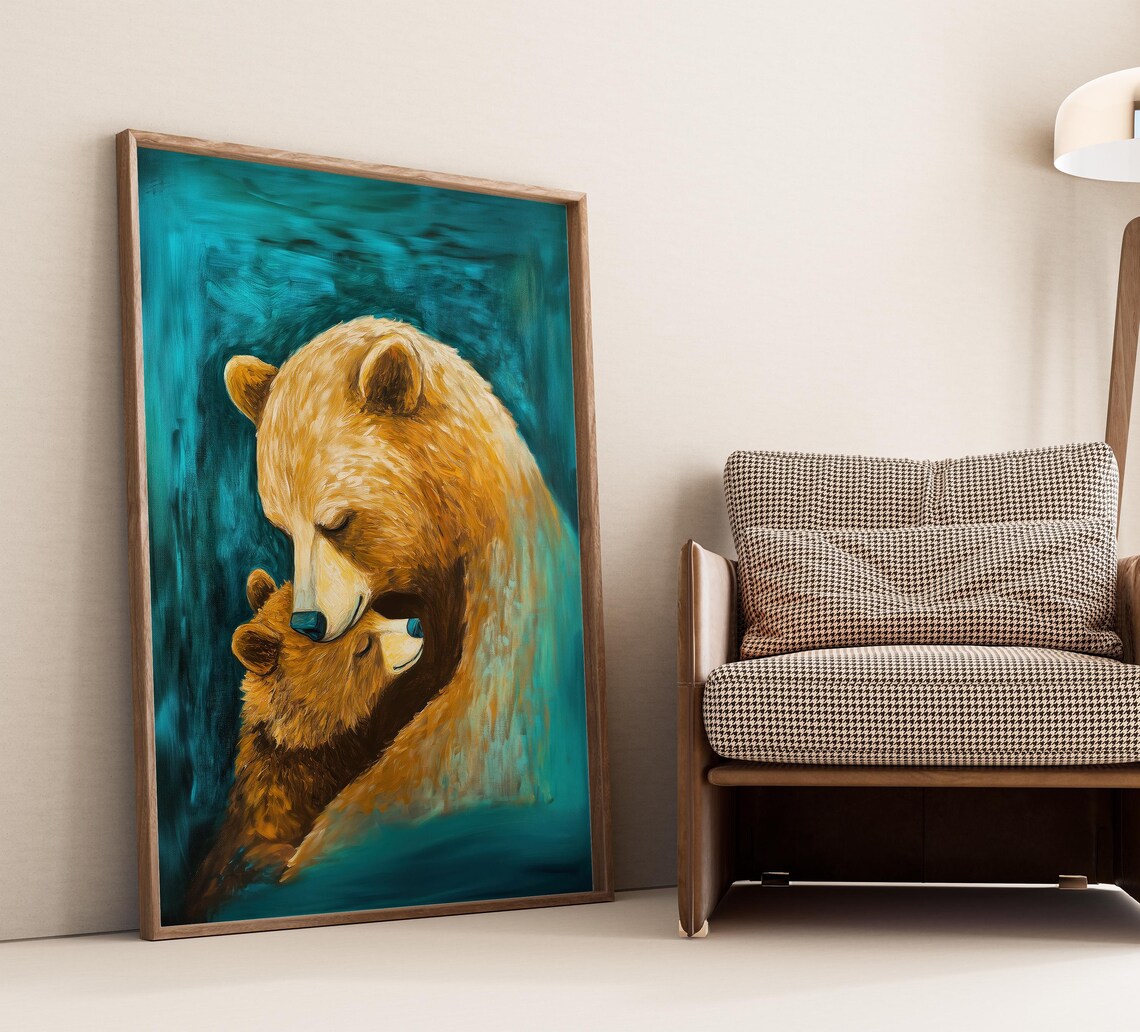 Tender Mama Bear Embracing Her Cub on Deep Teal Background Poster - Image 5