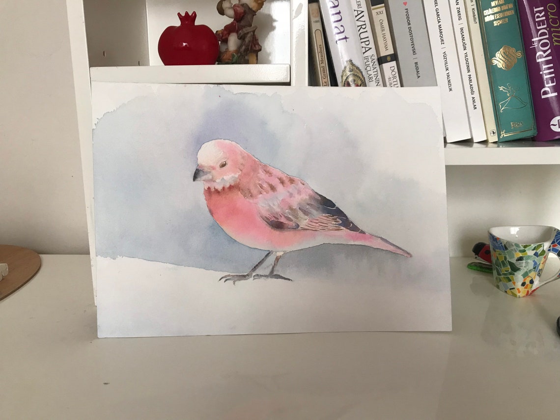 Pink Songbird Watercolor Painting on a Soft Grey Background Poster - Image 2