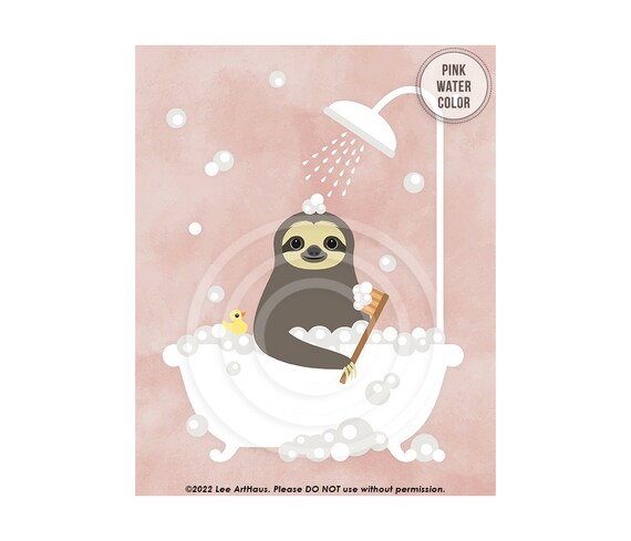 Happy Sloth Bubble Bath Clawfoot Tub Scrub Brush Pink Cute Bathroom Poster