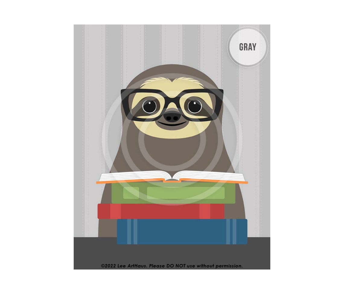 Sloth Reading Books Glasses Bookworm Cute Library Wall Art Poster - Image 3