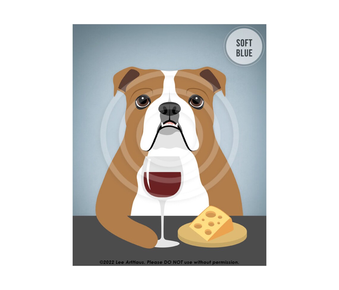 English Bulldog With Wine Glass and Cheese Modern Dog Art Poster - Image 2