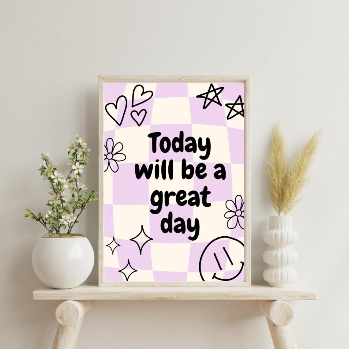 Today Will Be A Great Day Purple Checkered Doodle Quote Poster - Image 2