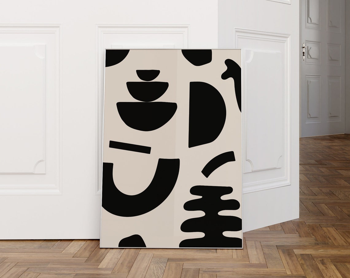 Beige Black Bold Abstract Organic Shapes Modern Statement Art Print
