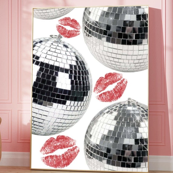 Retro Disco Ball Poster Kiss Lips Print College Dorm Decor Digital Download