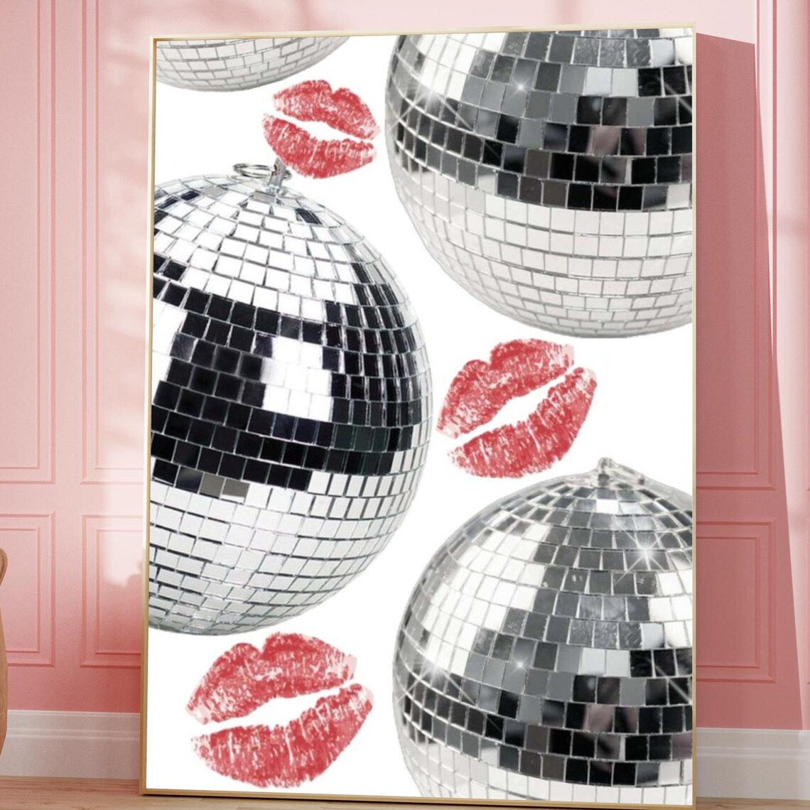 Retro Disco Ball Red Kiss Lips College Dorm Trendy Art Poster