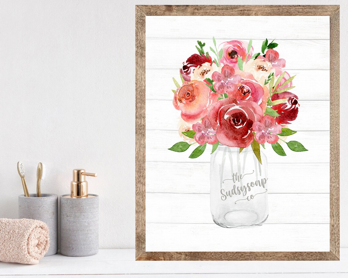 Pink Watercolor Roses Bouquet In Mason Jar Floral Bathroom Poster