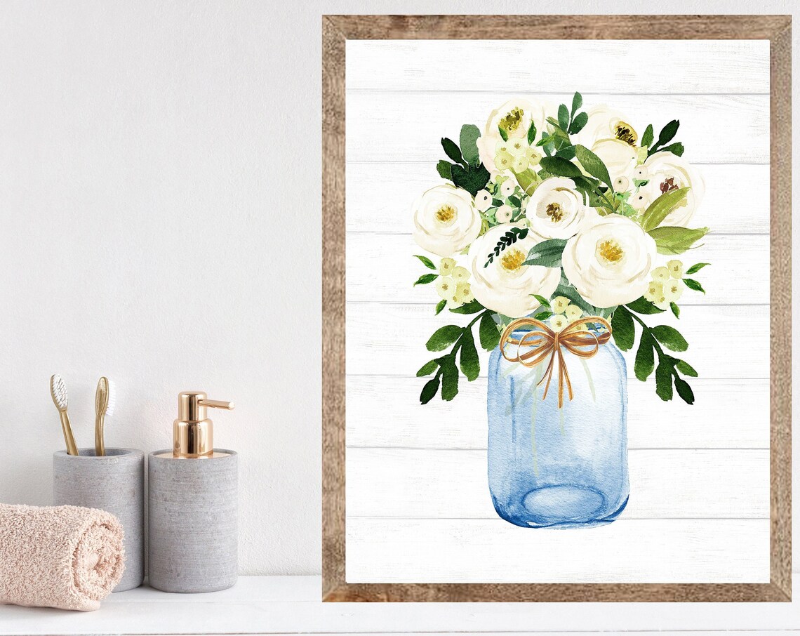 Navy Blue Mason Jar with White Flowers Twine Bow Decor Poster