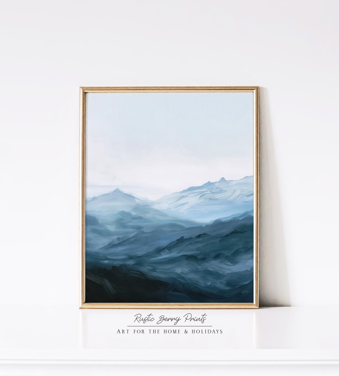 Blue Misty Mountain Ranges Layered Abstract Moody Landscape Art Poster