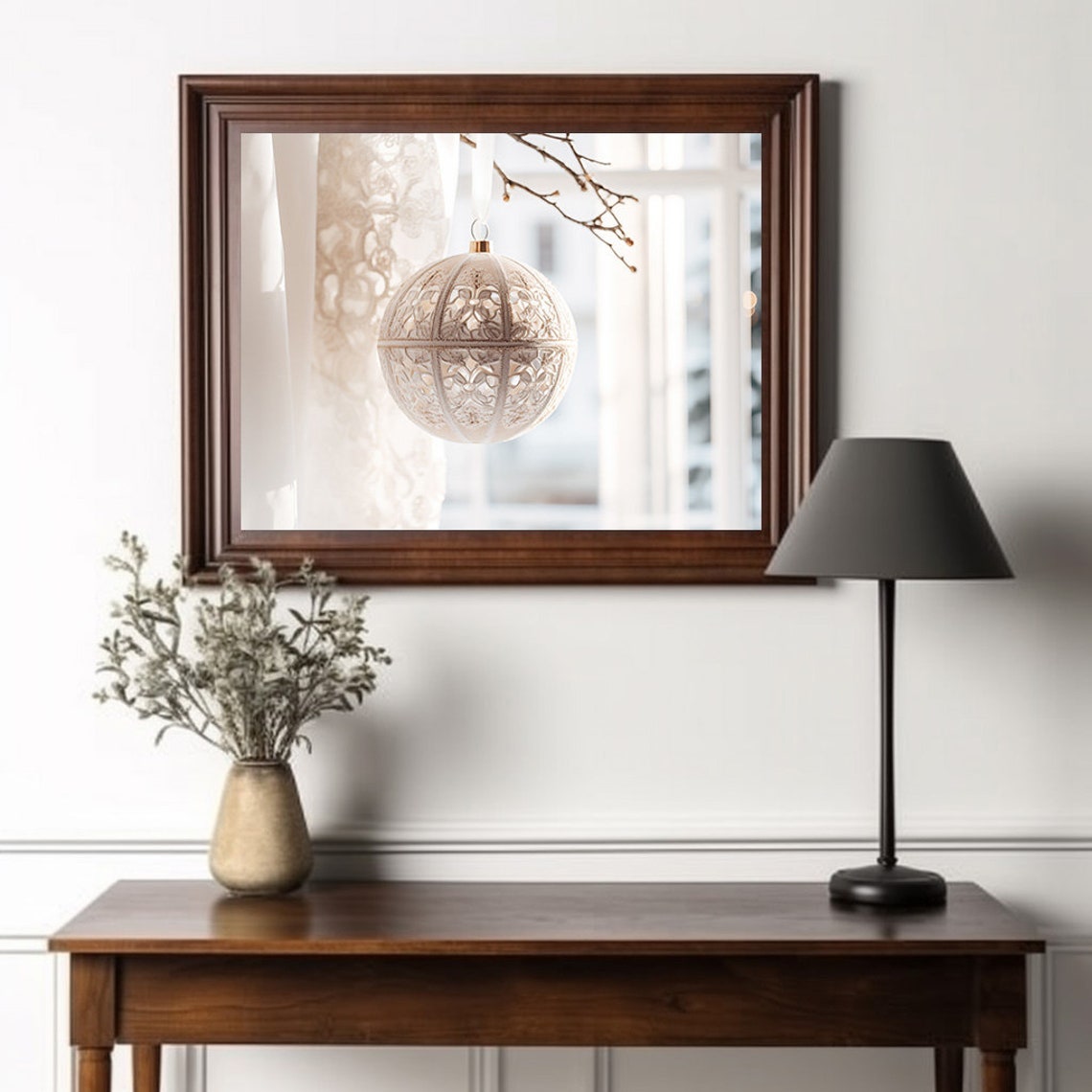 Elegant White Lace Christmas Bauble Hanging By Sunny Window Poster - Image 2