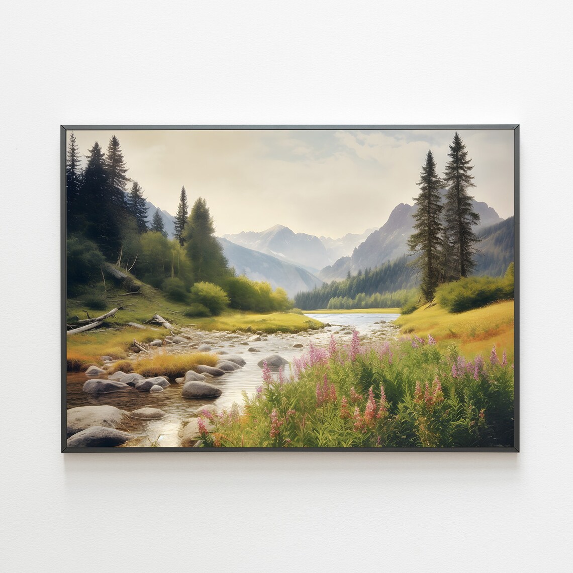 Mountain Stream Wildflowers Rocky Creek Pine Forest Valley Poster