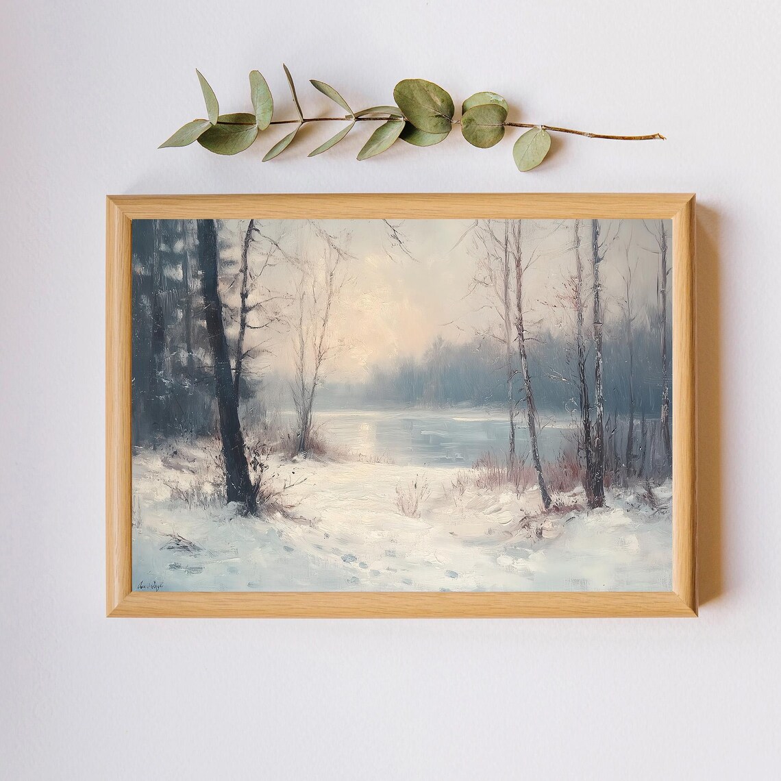 Snowy Path Between Birch Trees to Frozen Lake Winter Dawn Painting Poster - Image 2