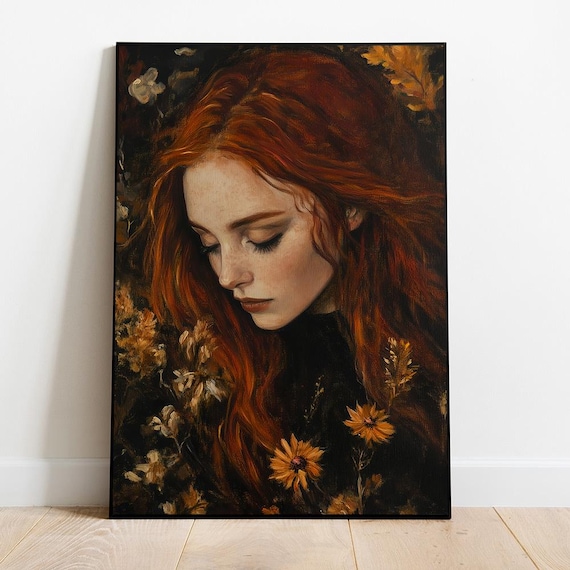 Moody Red Hair Woman Portait Victorian Aesthetic Art Female Oil Painting Vintage Lady Painting Dark Academia