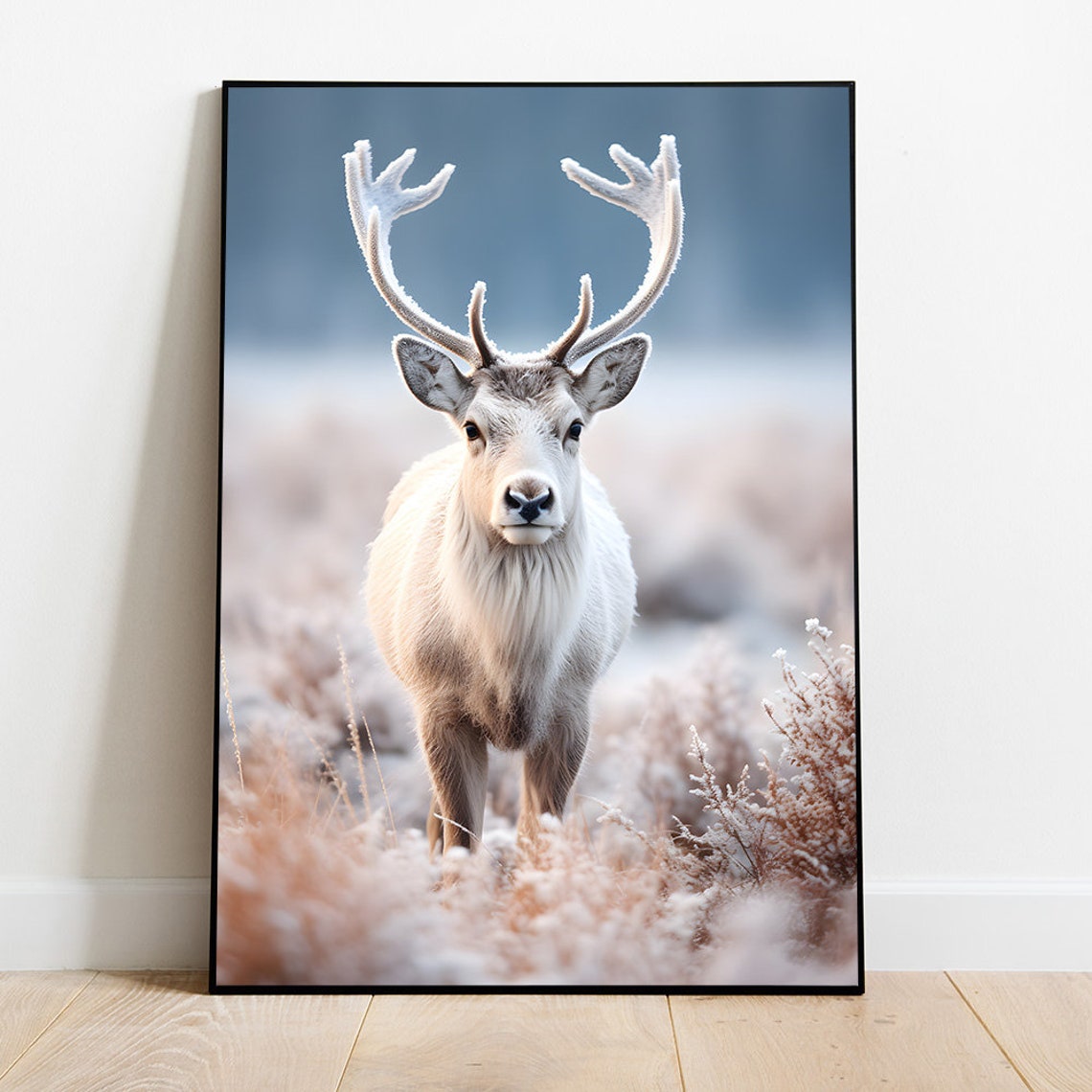 White Reindeer With Frosted Antlers In A Winter Field Wildlife Poster
