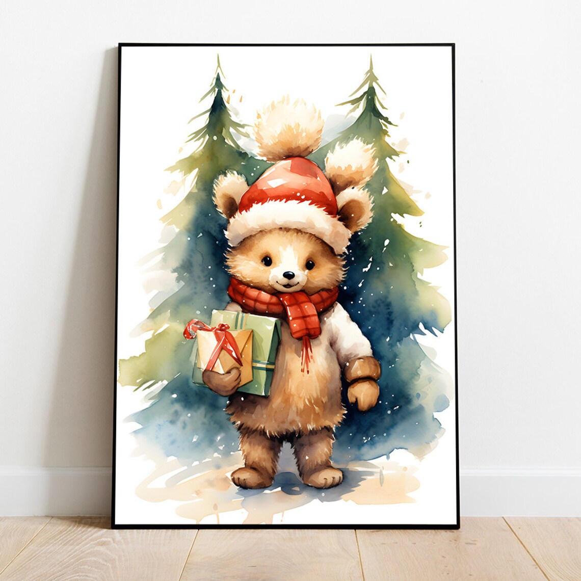 Cute Teddy Bear In Santa Hat Holding Gifts Watercolor Wall Art