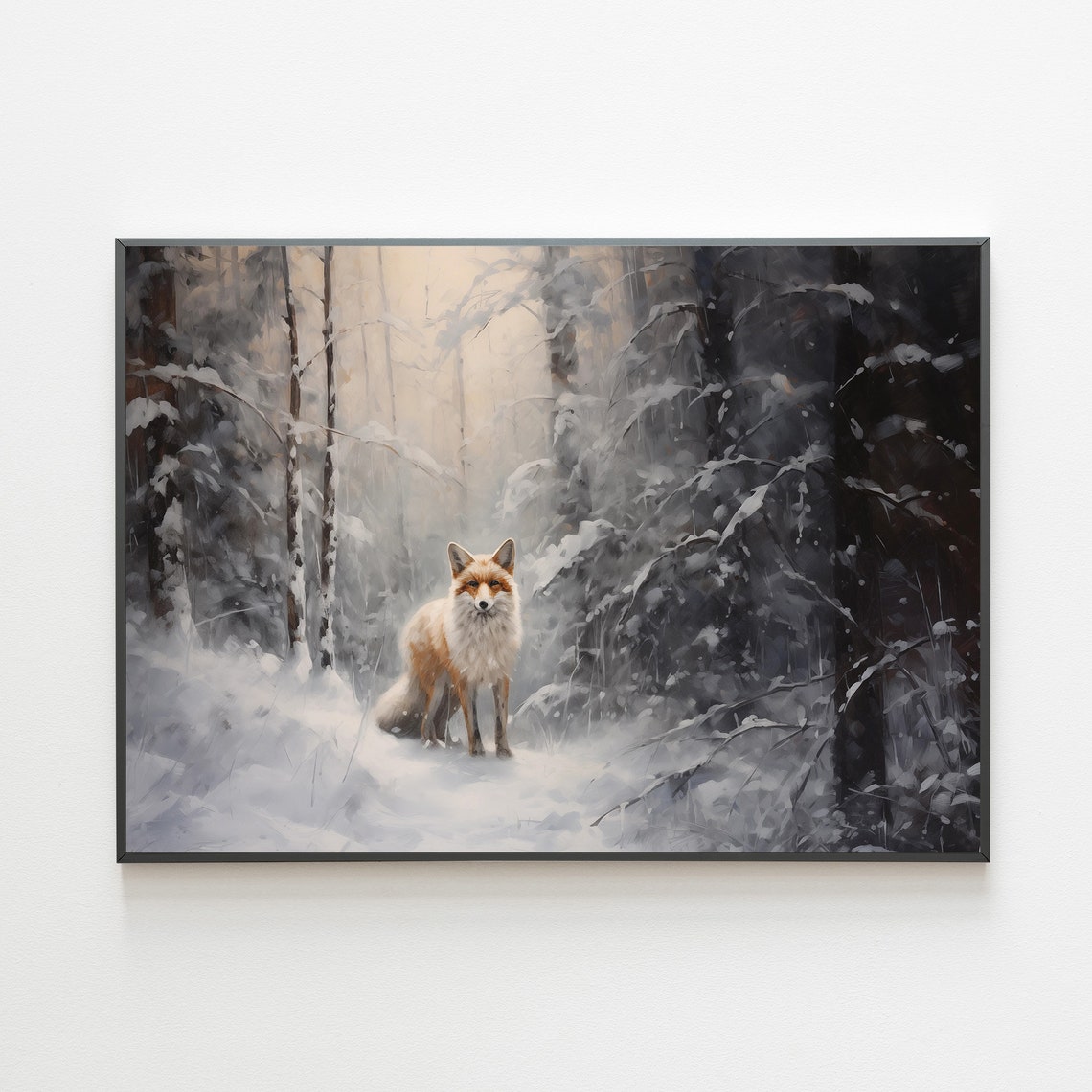 Wild Red Fox In Misty Snowy Pine Forest Dark Winter Snow Poster
