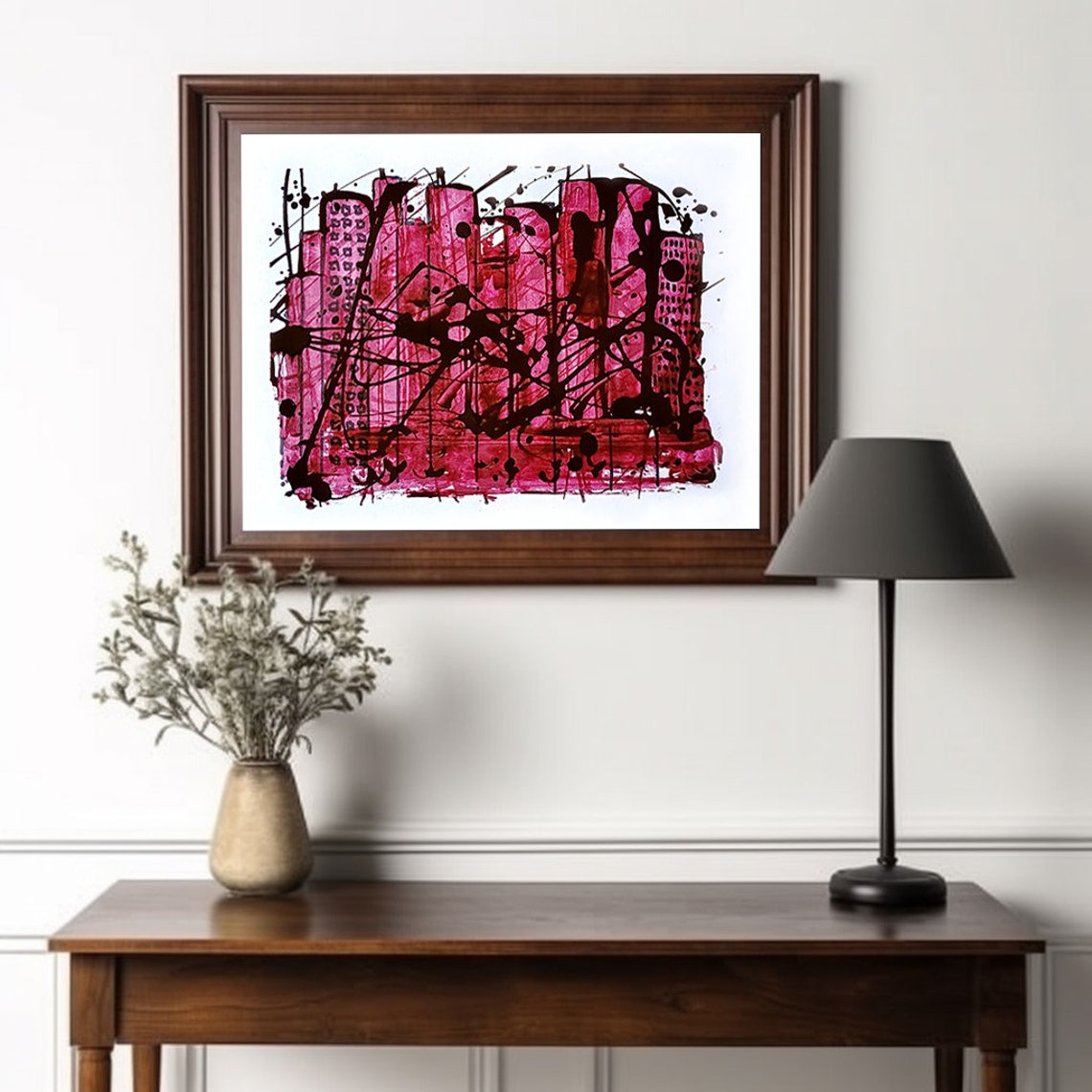 Magenta City Skyline Abstract Painting With Black Ink Splatter Poster - Image 2