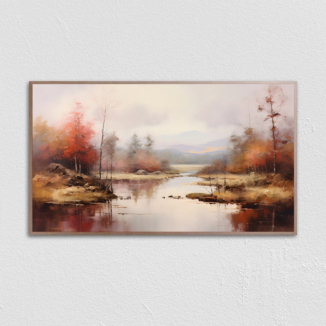 Serene Autumn Lake Red Foliage Calm Reflection Landscape Print