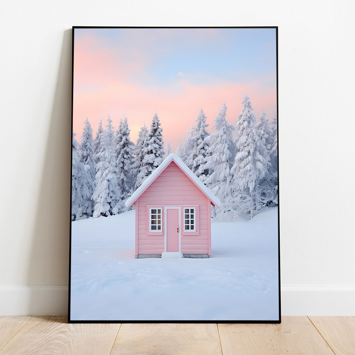Pink Cabin In A Snowy Forest Under A Pastel Sunset Sky Poster