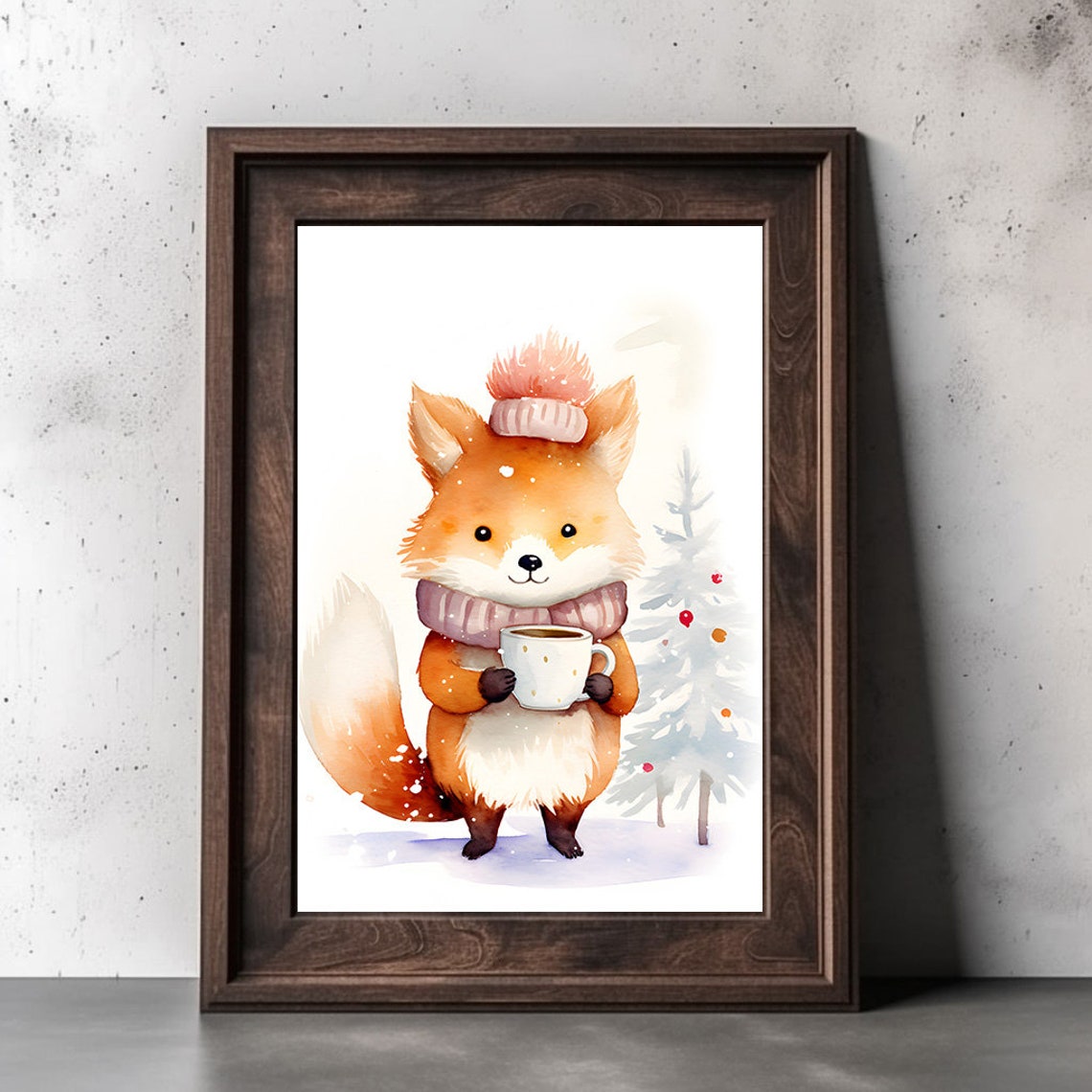 Cute Watercolor Fox In A Winter Hat Holding Hot Cocoa Mug Poster - Image 3