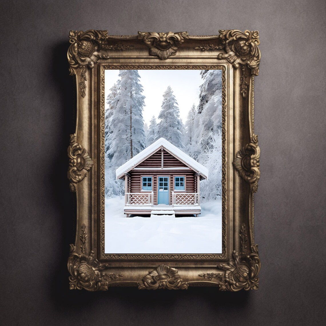 Snow Covered Cabin Blue Door Frosty Winter Landscape Scene Poster - Image 2