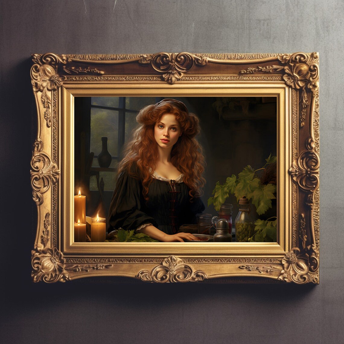 Red Haired Woman With Candles Moody Vintage Oil Painting Poster - Image 2
