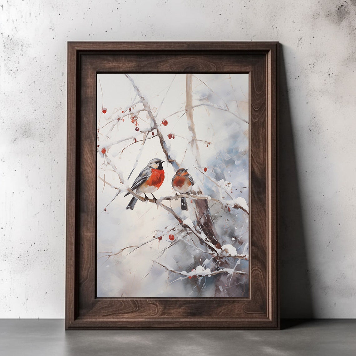 Two Robins Perched On Snowy Berry Branches Winter Bird Poster - Image 2