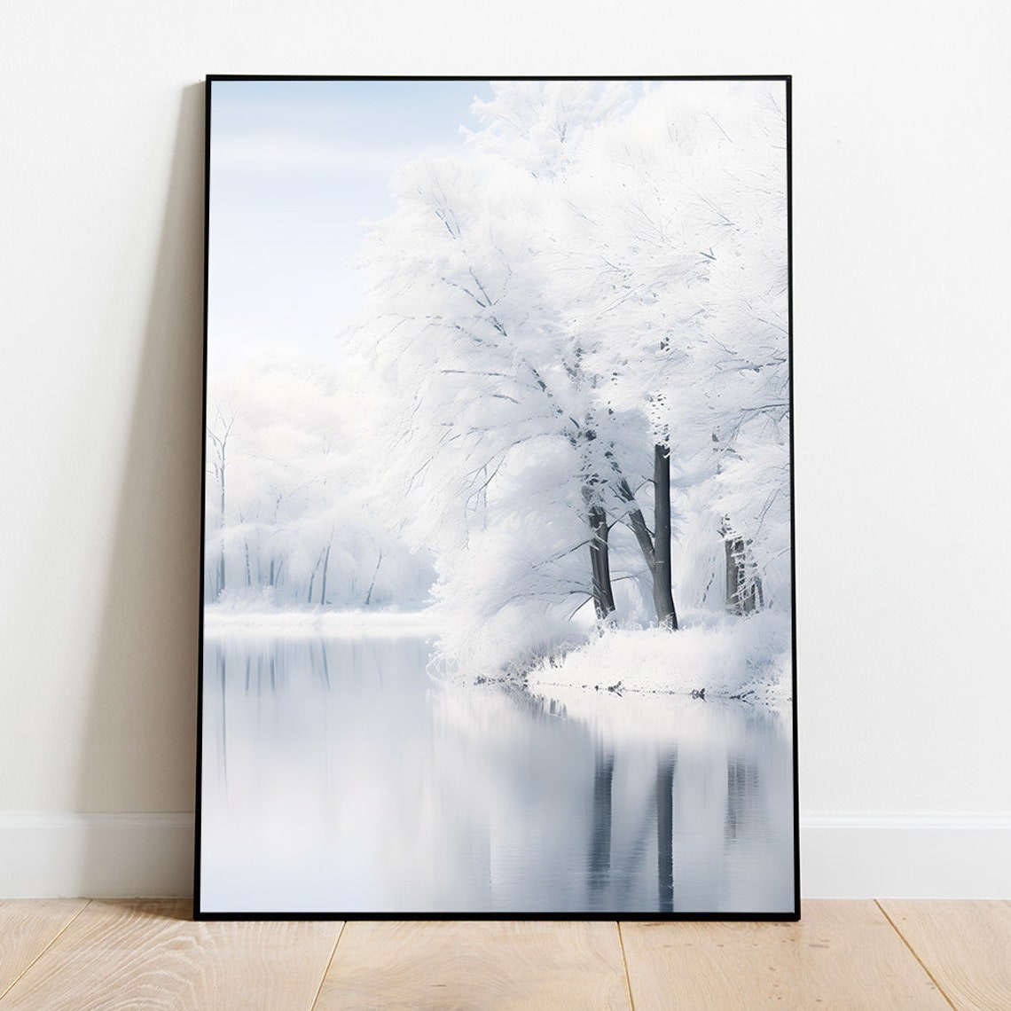 White Winter Forest Beside A Still Snowy Lake Minimalist Poster