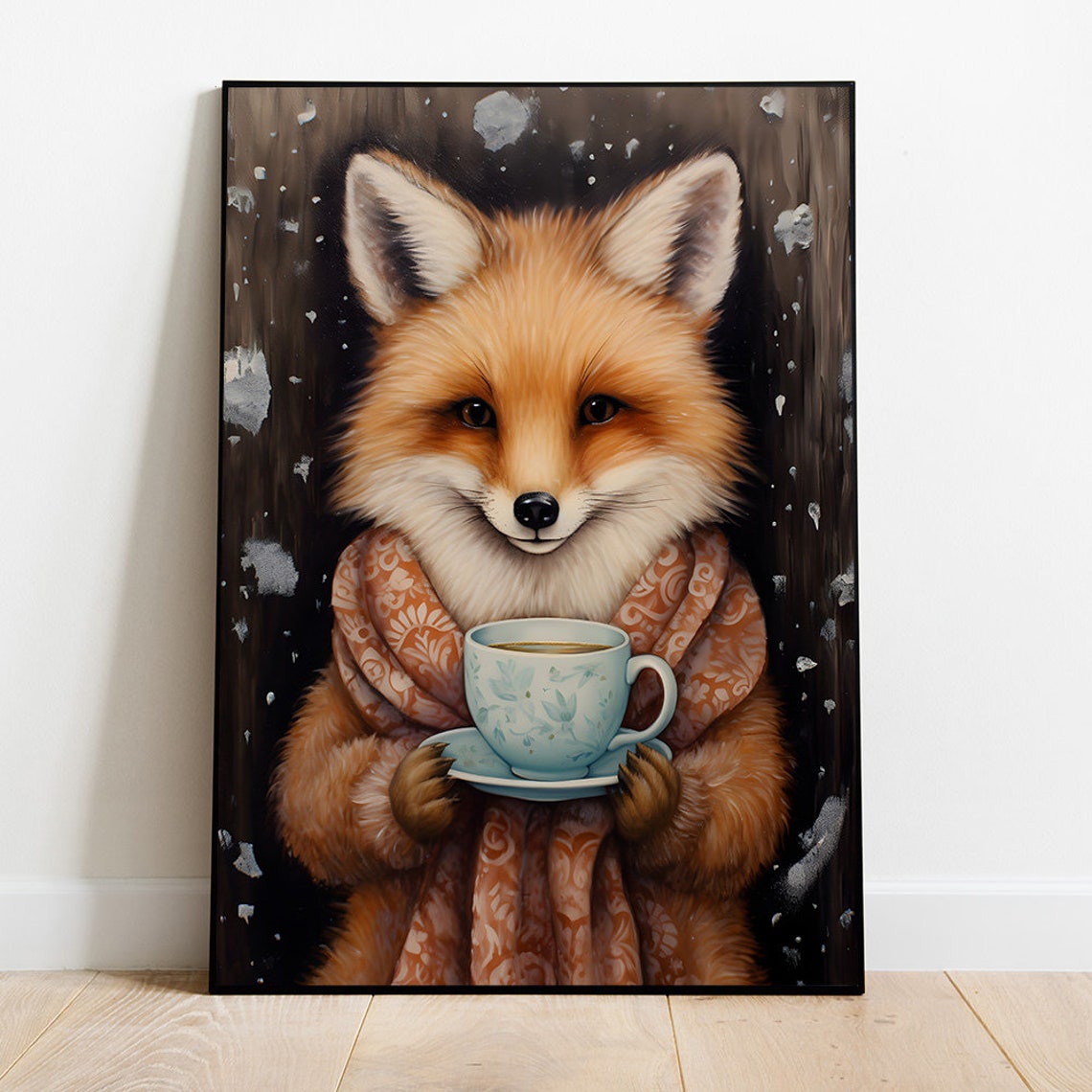 Smiling Fox Wrapped In A Shawl Holding A Teacup Winter Poster