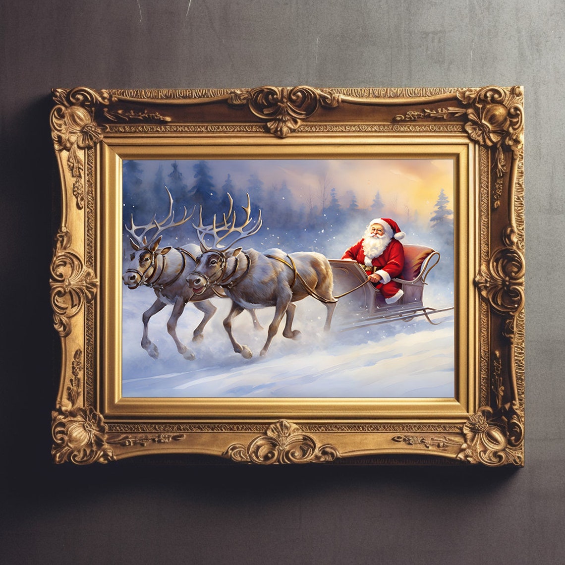 Santa In Reindeer Sleigh Racing Through Winter Sunset Poster - Image 3