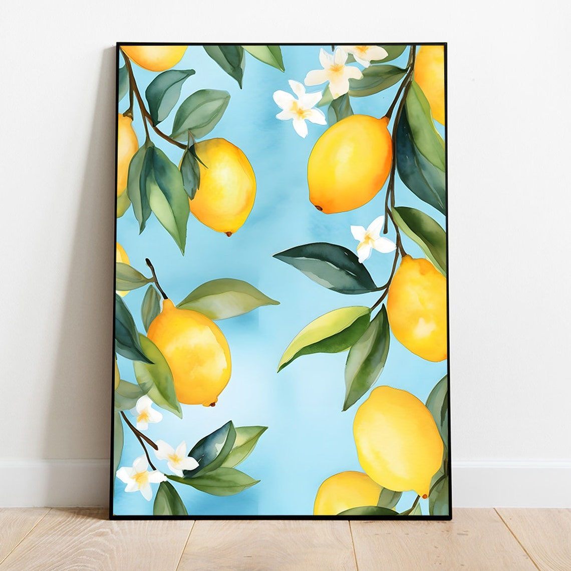 Sunny Lemon Branch Watercolor With Blossoms Citrus Fruit Poster