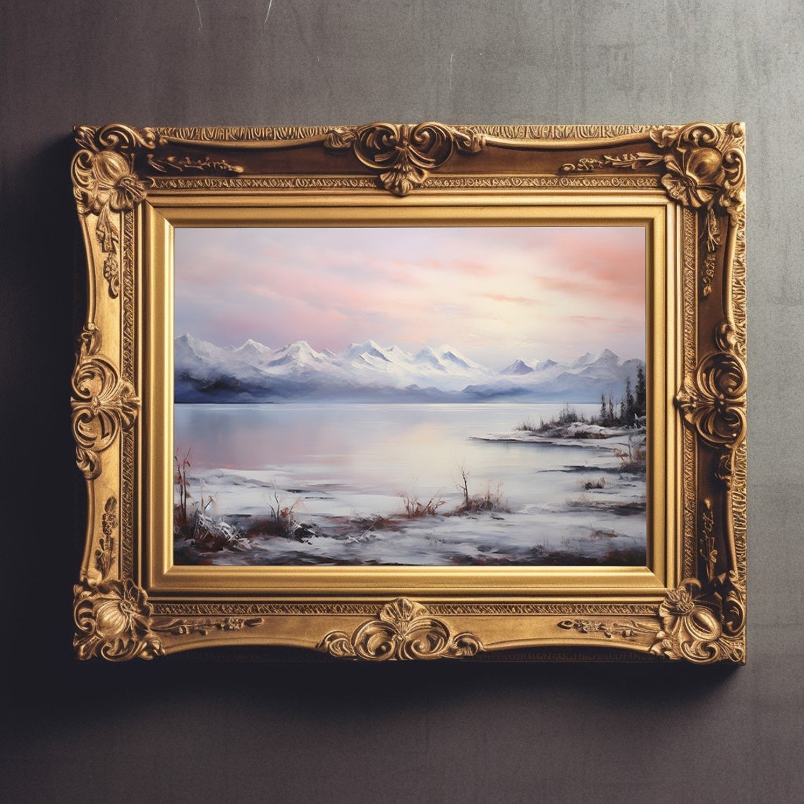 Pink Sunrise Over Snowy Mountains And A Calm Lake Landscape Poster - Image 3