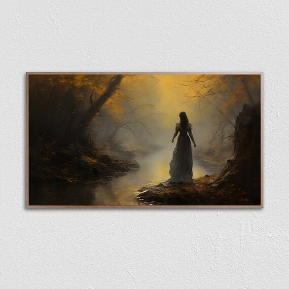 Woman Long Dress Golden Misty Stream Forest Luminous Art Print